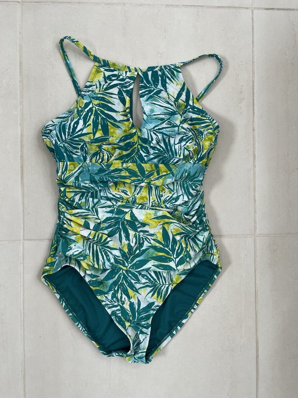 Ellen Tracy Swim One Piece Swimsuit Floral Ruched High Neck Swimwear